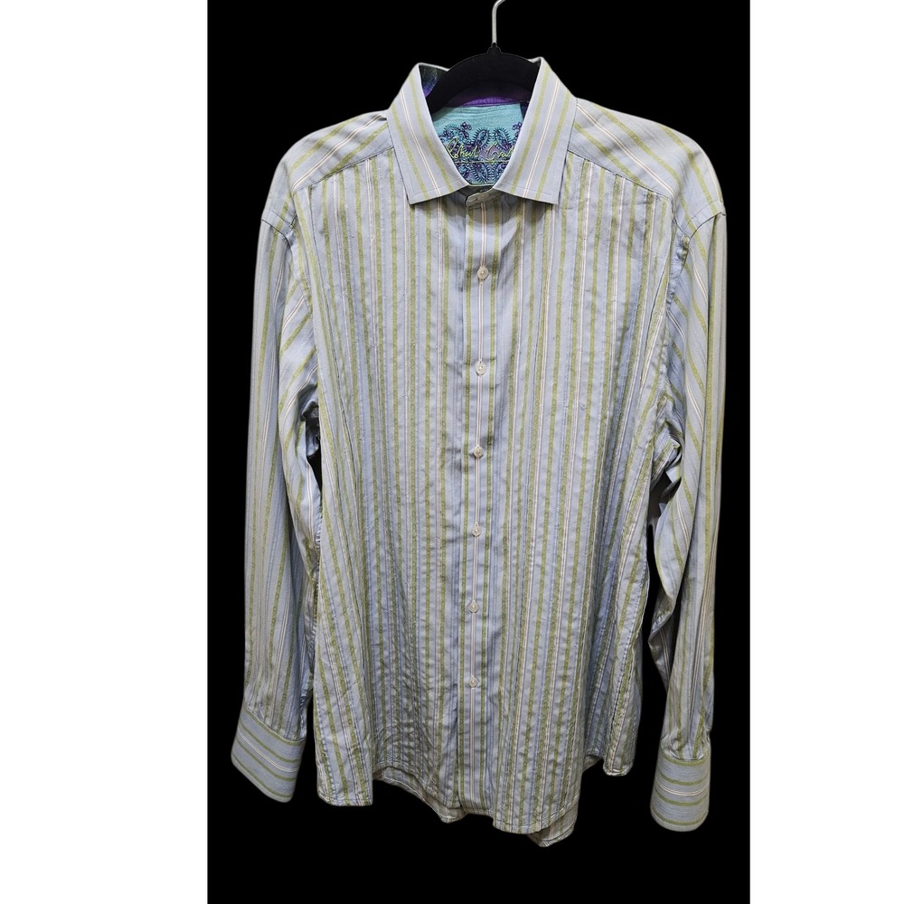 Robert Graham Striped‎ Button Down Shirt Paisley Trim Long Sleeve L